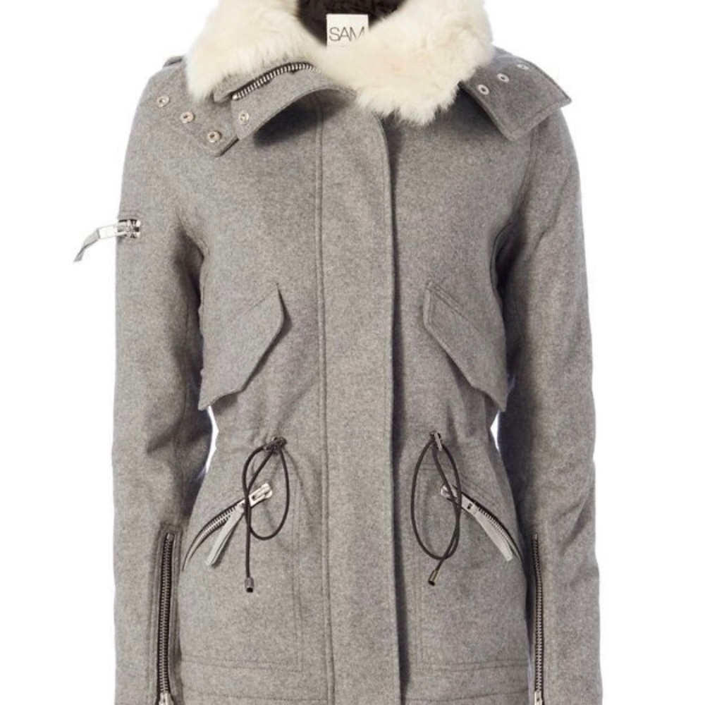 SAM. Light Gray Utility Jacket with Cream Fur Collar